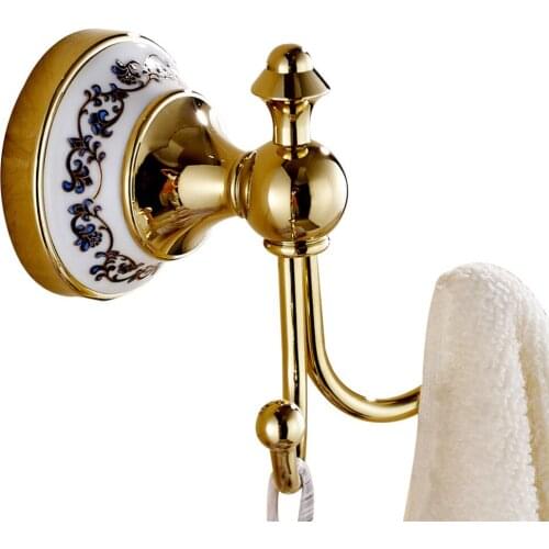 Leyden Brass And Creamic Gold Modern Wall Mounted Bathroom Robe Hooks Towel Clothes Hats Hooks For Bathroom Accessories