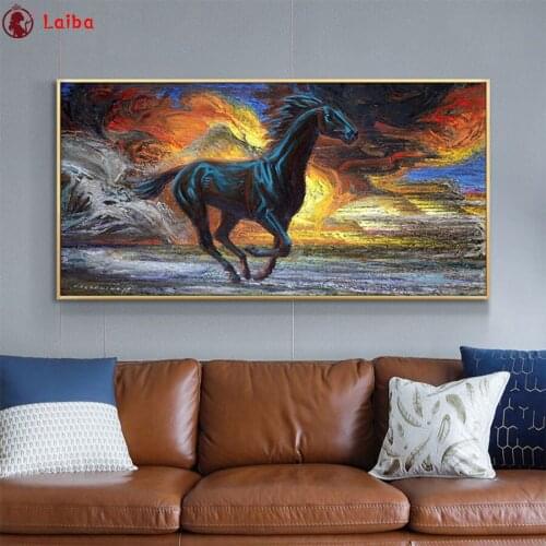 DIY round square diamond embroidery Abstract art, black running horse pattern cross stitch kits 5d diamond painting rhinestone