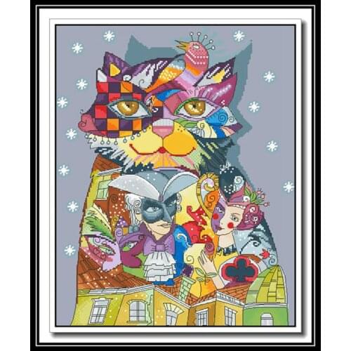 Top Quality Lovely Cute Counted Cross Stitch Kit Abstract Cat Carnival Dress Up Cartoons Colorful
