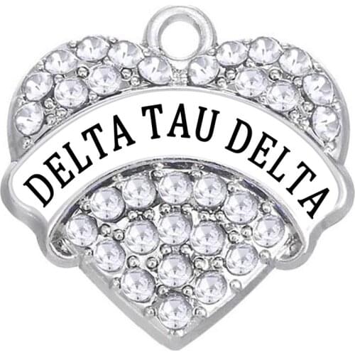 New Trendy Alloy Rhodium Plated Greek Alphabet Pave Heart Shape Crystal Delta Tau Delta Pendants Sorority Gift Jewelry