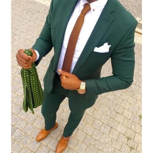 Hunter green Wedding Men Suits Two Piece Groom Tuxedos Notched Lapel Trim Fit Men Party Suit Groomsmen Suits (Jacket+Pant