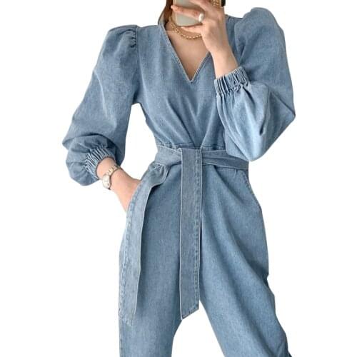 Autumn Vintage Denim Jumpsuits Women Korean V Neck Puff Sleeve Casual Rompers Women Elegant One Piece Playsuits Female LD2022