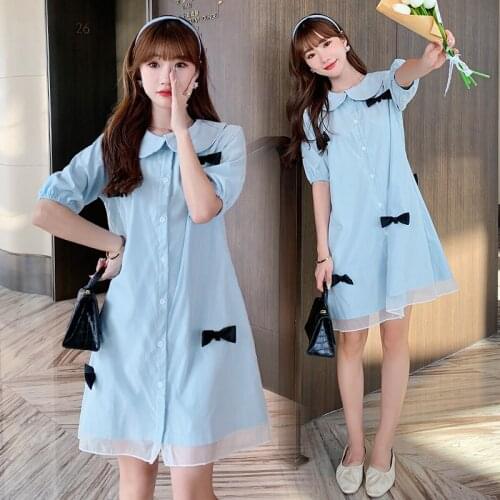 36886# Maternity Dress Summer Cotton Short Sleeves Loose Bow Knot Decoration Dress Plus Size Pregnancy Pregnant Women Mom Dress