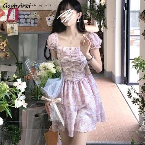 Short Puff Sleeve Dress Women Sweet Square Collar Cascading Ruffle Mini Printed Dresses Kawaii Girls Elegant All-match Trendy