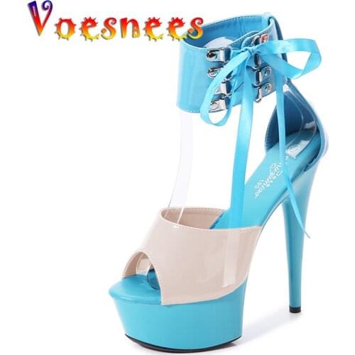 Thin Heels Mixed Colors Adult Stripper Shoes Womens Summer Sandals Platform 15cm Ankle Strap Patent Leather Women Bed Shoes
