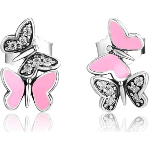 Fluttering Butterflies Stud Earrings with Soft Pink Enamel & Clear CZ 100% 925 Sterling-Silver-Jewelry Free Shipping