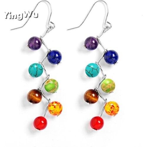 Yingwu 6mm Round Beads Seven Kinds of Natural Stone Rainbow 7 Chakra Drop Earrings Best Selling