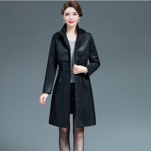 Women Black Faux Leather Jacket XL-6XL Middle-aged Ladies Retro Loose Faux Sheepskin Trench Long Coat Large Size Female Clothing