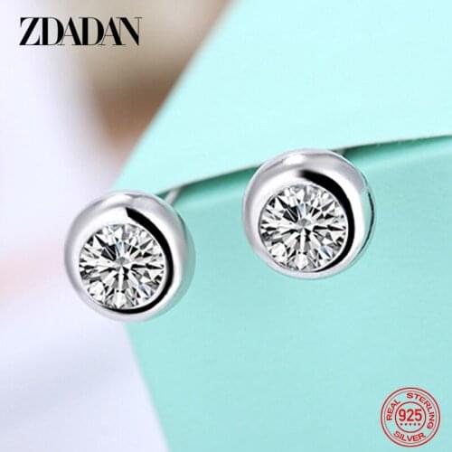 ZDADAN 925 Sterling Silver 5MM Round Zircon Stud Earrings For Women Charm Wedding Jewelry Party Gift Wholesale