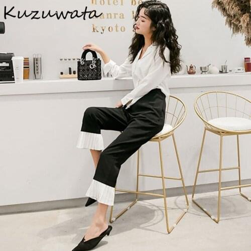 Kuzuwata Fashion Hit Color Ruffles Patchwork Flare Pants High Waist Casual Women Trousers 2021 Spring New Loose Wide Leg Pants