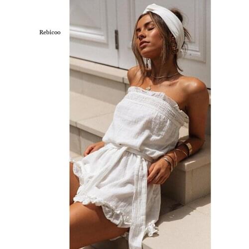 Women Summer Short Fashion Sleeveless One-Neck Wrap Chest Ruffled Wrapped Chest Belt with Irregular Pleats Cuffed Trumpet Jumpsu