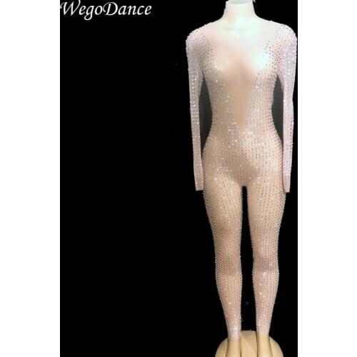 Women Sexy mesh Jumpsuit Full Glass Sparkling Crystals leotard Nightclub Party Fashion Singer Bling Costumes