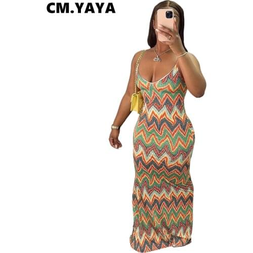 CM.YAYA Women Long Dress Print Sleeveless Strap V-neck Stretchy Bodycon Maxi Dresses Sexy Fashion Party Vestidos Summer Outfits