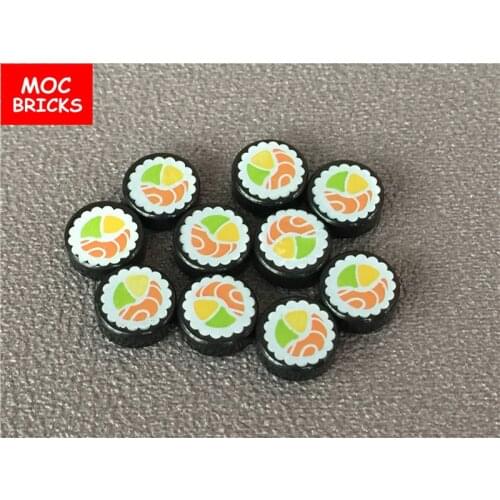 100pcs/lot MOC Bricks Tile, Round 1 x 1 with Sushi Salmon Maki Roll Pattern fit with 98138pb038 Building Blocks DIY Toys gifts