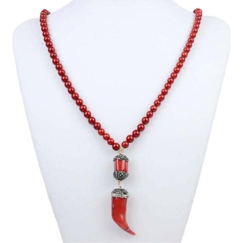 2021 Fashion 8mm Natural Red Coral Necklace for Women CZ Crystal Coral Long Necklace 27" Sweater Necklace African Fine Jewelry