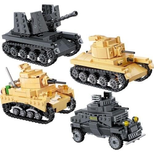4Pcs Military Series World War II Tank Destroyer Wheeled Armored Vehicle DIY Model Building Blocks Bricks Toys Gifts