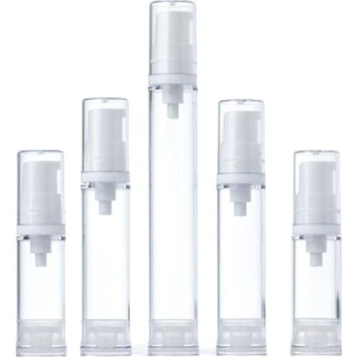 50pcs Empty Cosmetic Serum Sample Refillable Packaging AS Plastic White Transparent Airless Spray Pump Bottle 5ML 10ML 15ML