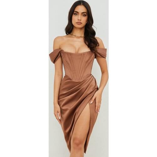 Free Shipping 2021 Fashion Womens Satin Dress Sexy Card Shoulder Asymmetric Hanging Midi Bodycon Dress Club Night Party Vestido
