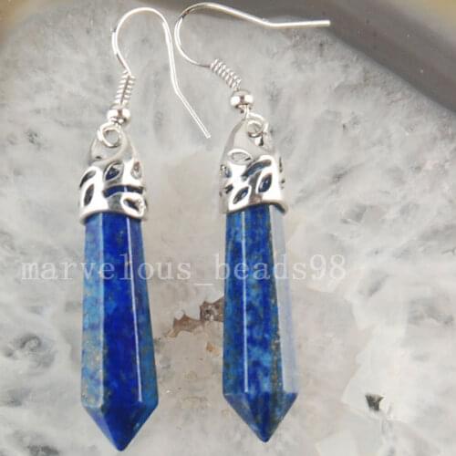 Free shipping Fashion Jewelry Natural Lapis Lazuli Hexagonal Pointed Reiki Chakra Earring MC3166