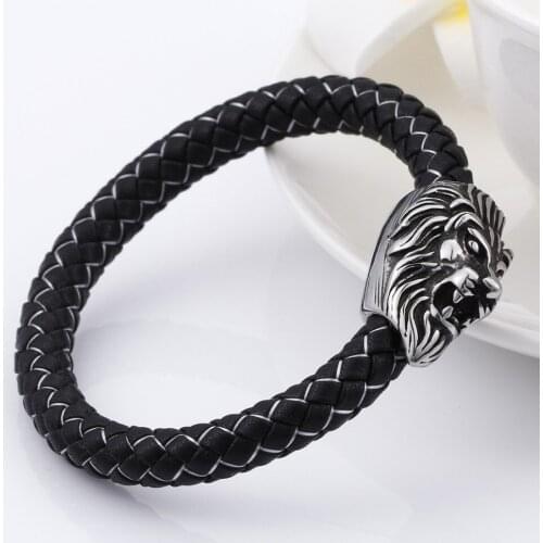 8mmHigh Quality Stainless Steel Silver Color Lion Clasp White Black Genuine Braided Leather Wristband Men Unisex Bracelet Bangle