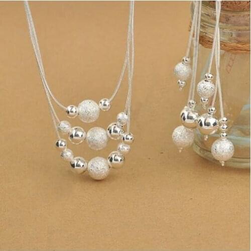 Elegant 925 Sterling Silver Woman Jewelry Set, Fashion 3 Layered With Charming Beads Balls Necklace Dangle Earrings