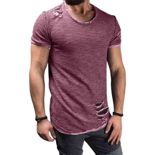 Summer T-shirt Solid Color Short Sleeve Cotton Blend Hole Design Top Pullover for Men