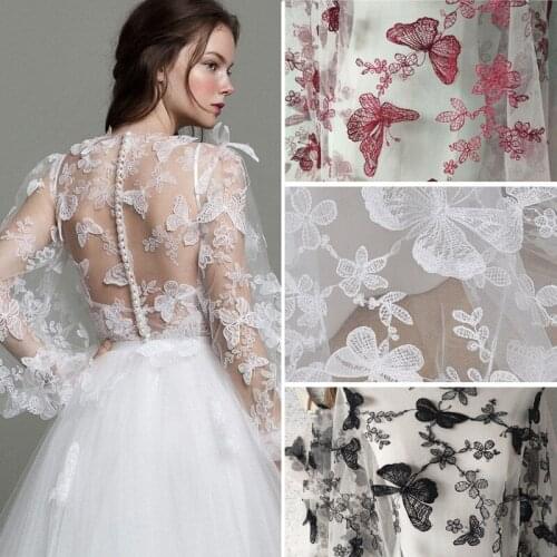 Beautiful Burgundy Lace Fabric Floral Embroidery Butterfly 3D Mesh Tulle Fabric for dress shirts Black by the yard