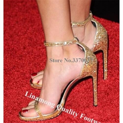 Linamong Bling Bling Gold Sequined Stiletto Heel Sandals Sexy One Strap High Heel Sandals Evening Club Dress Shoes Wedding Heels