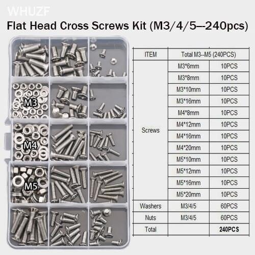 M3 M4 M5 Phillip Flat Head Machine Screw Metric Thread Cross Countersunk Bolt Nut Flat Washer Assortment Kit Set Stainless Steel