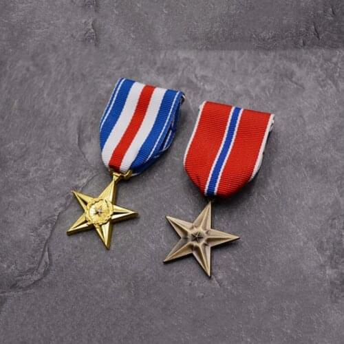US Army Award Medal Bronze Silver Five-pointed Star Honours Ribbon Military Commemorate Badge Pin