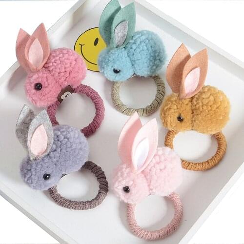 Girls' Cute Ball Pompoms Bunny Hair Tie Bands Kids Yarn Pom Pom Rabbit Elastic Hair Holder For Kids HT101