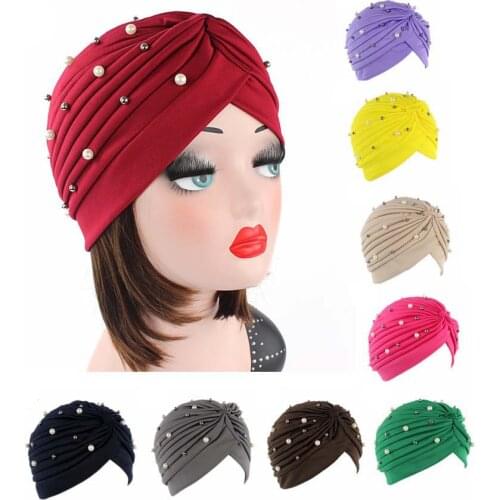 New Fashion Women Starry Sky Beaded Stretchable Turban Hat Head Cover Headband Ladies Turbante