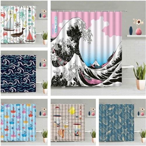 Sea Wave Shower Curtain Ship Anchor Helmsman Fish Starfish Octopus Shell Conch Whale Lighthouse Travel Bath Screen Decor