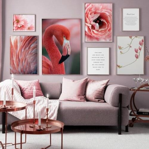 Wall Art Canvas Painting Pink Peony flower Flamingo Feather Quotes Nordic Posters And Prints Wall Pictures For Living Room Decor
