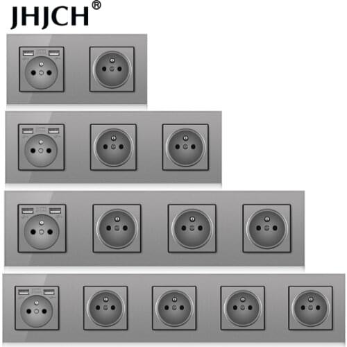 Jhjch French gray glass panel wall-mounted power supply usb socket 5v 2100ma grounding with door child protection input voltage