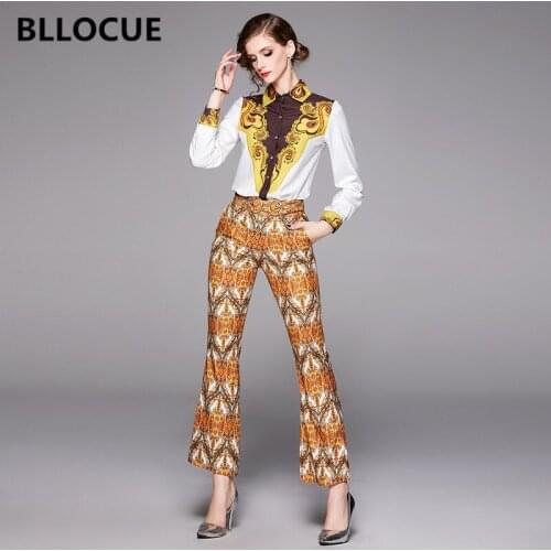 BLLOCUE Autumn Runway Designer Flower Print Blouse Pant Two Piece Set Women Long Sleeve Shirt Top+Flare Hem Pencil Pants Sets