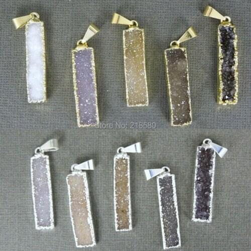 P15051902 Natural Druzy Druzzy Drusy Rectangle Vertical Bar Pendant Charm with Gold Electroplated Edge or Silver Edge