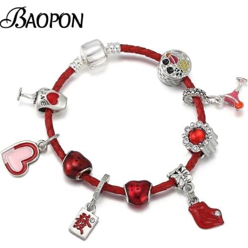 Silver Plated Heart Wine Glass Beads Pendants Bracelets With Leather Chain Bracelet Bangles For Women Men Couple Jewelry Gift