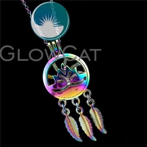 R-C738 Rainbow Colors Dream Catcher Lotus Beads Cage Pendant Perfume Diffuser Aromatherapy Pearl Cage Locket Necklace