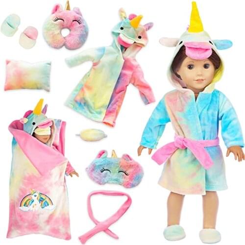 Rainbow Unicorn Doll Costume with Unicorn Style Sleeping Bag, Pillow, Eye Mask Slumber Party Accessories Fits 18 Inch Girl Doll