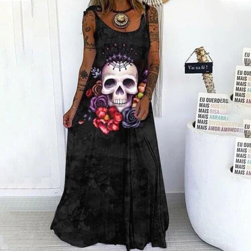 Plus Size 2021 Summer Women Dress Skull Print Loose Long Dress Punk Style Pullover Bandage Black Party Dress