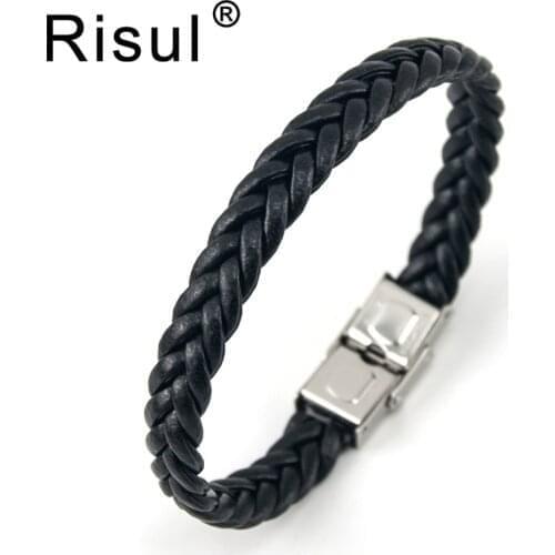 Risul Personalised Leather woven Bracelet Stainless Steel safe Clasp Fashion Male Bangles Fathers jewelry Gift wholesale 50pcs