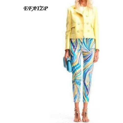 2015 Summer High Quality Runway Designer Blue Geometric Print Jersey Silk Colorful Geometric Print Jersey Silk Casual Pant