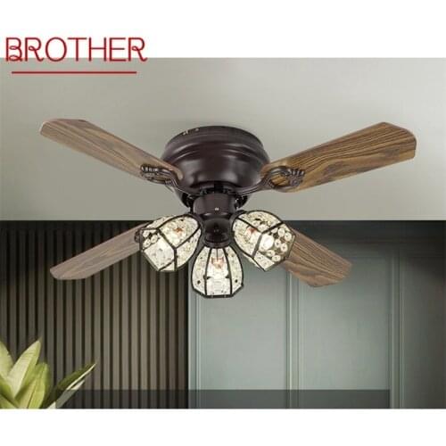 BROTHER Modern LED Lamp With Ceiling Fan Retro Crystal Design Wooden Fan Blade With Remote Control For Home Bedroom Restaurant