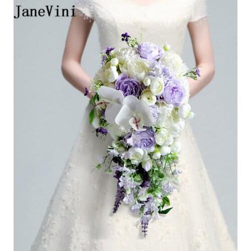 JaneVini Purple Waterfall Bridal Bouquet Artificial Silk Roses Wedding Bouquets for Bridesmaids Bride Holding Cascading Flowers