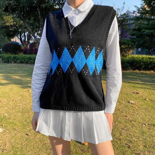 SUCHCUTE Sweater Vest Aesthetic Plaid Preppy Style Y2K Tops Women Korean Casual Vintage Clothes Harajuku Kawaii Shirt Streetwear
