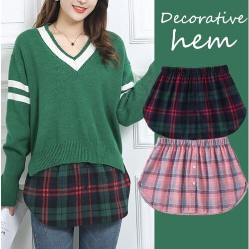Women Plaid Fake Shirt Irregular Skirt Blouse Tail Hem Cotton Detachable Underskirt DIY Women Garments Accessories