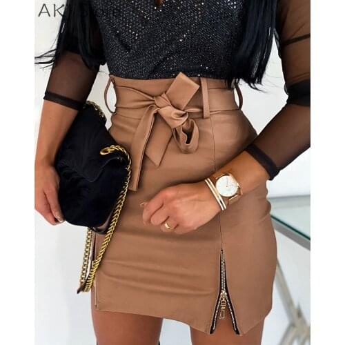 Women Faux Leather Zipper Design High Waist Tied Waist Mini A-Line Skirt