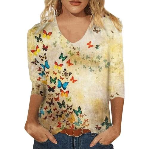 2021 New Vintage Elegant Womens Flower Printed Long Sleeves Autumn Female V-neck Casual Tee Shirts Tops Футболка Оверсайз #t3g