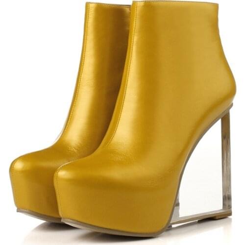 Womens Platform Ankle Boots Genuine Leather Side Zip Clear Transparent Wedge High Crystal Heel Shoes Plus Size 3Colors